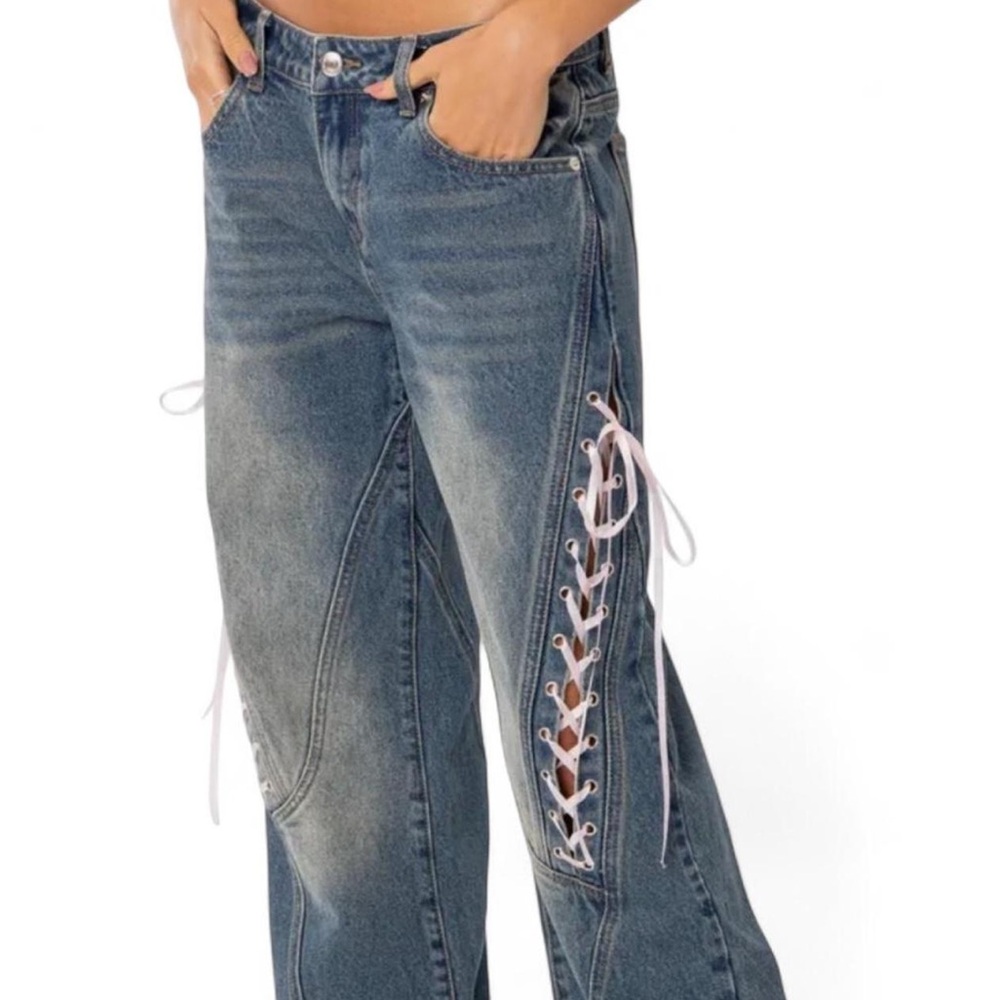 Edikted Blue Lace-Up Flare Jeans